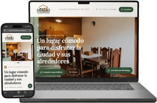 Sitio web del alojamiento Il Giardino, visto en una notebook y en un celular