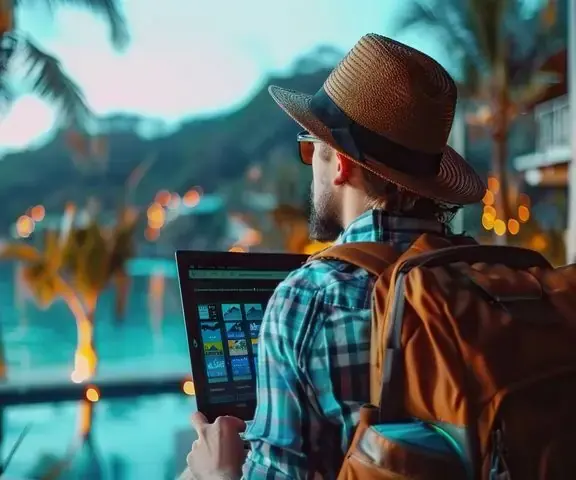 Viajero con mochila y sombrero consultando una computadora